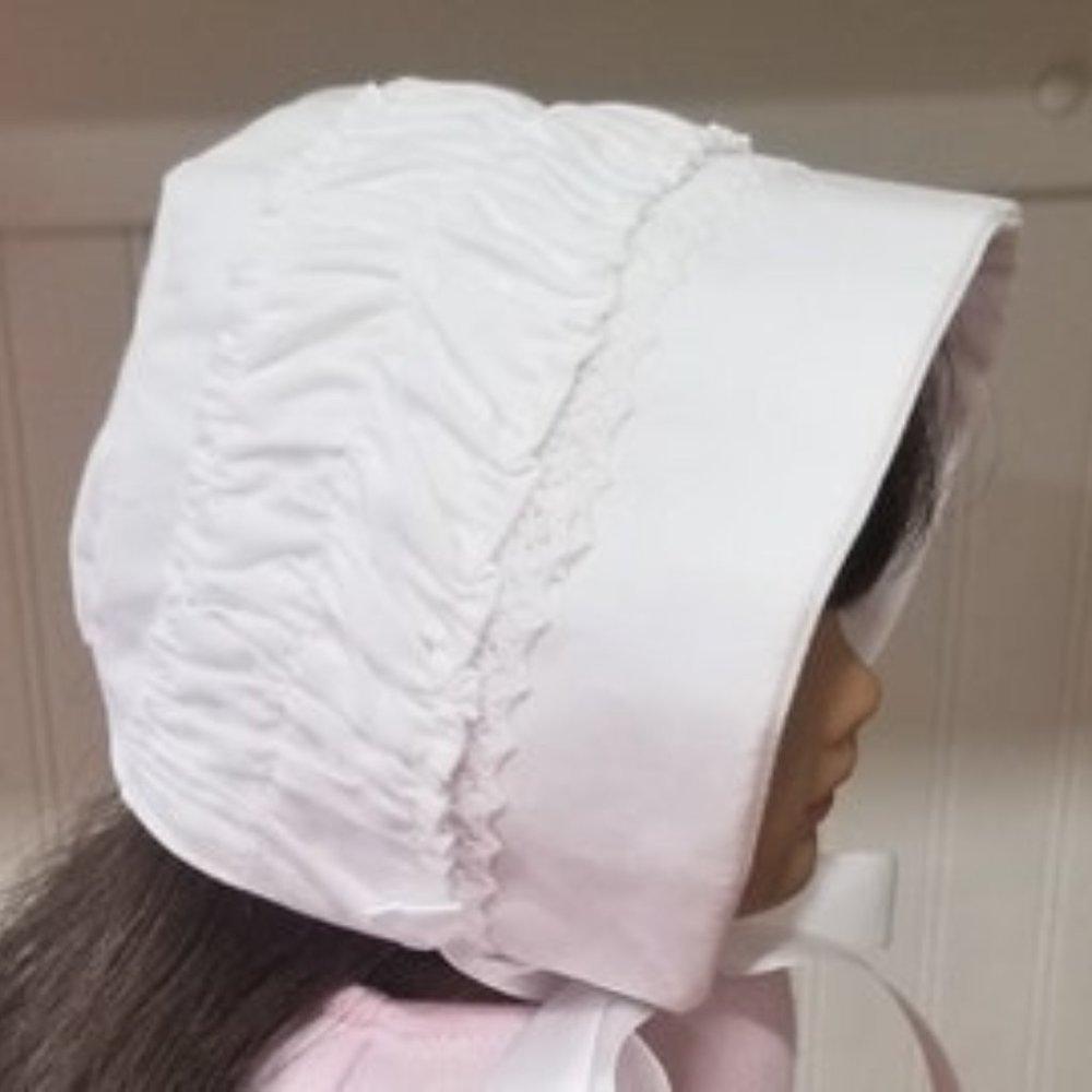 American Made 18 inch Girl Doll Clothing - Crisp White Ruched Bonnet for Felicit